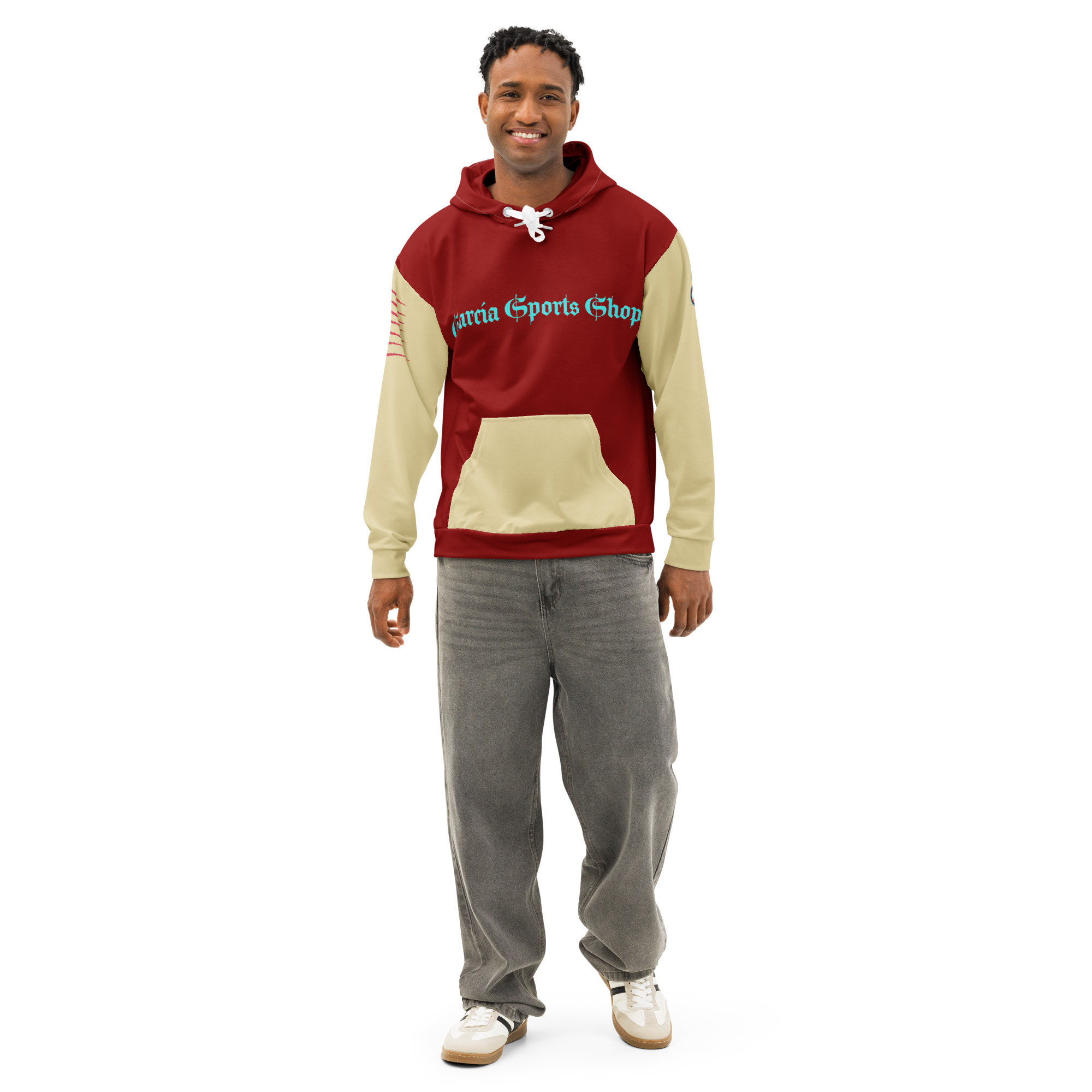 Garcia Sports Shop Dark Red, Sand, & Teal Unisex Cotton Hoodie - Image 2