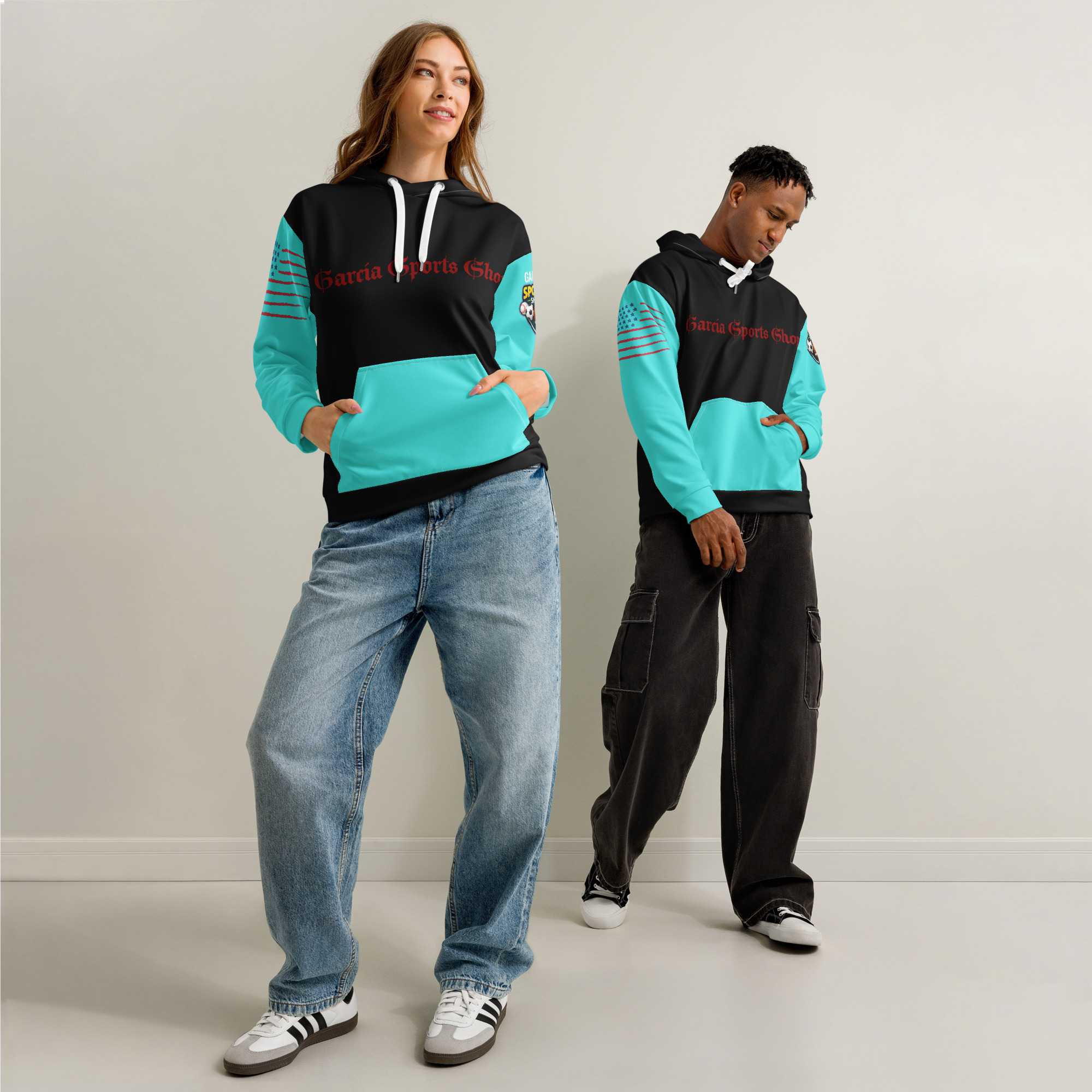 Garcia Sports Shop Black, Teal, & Red Unisex Cotton Hoodie