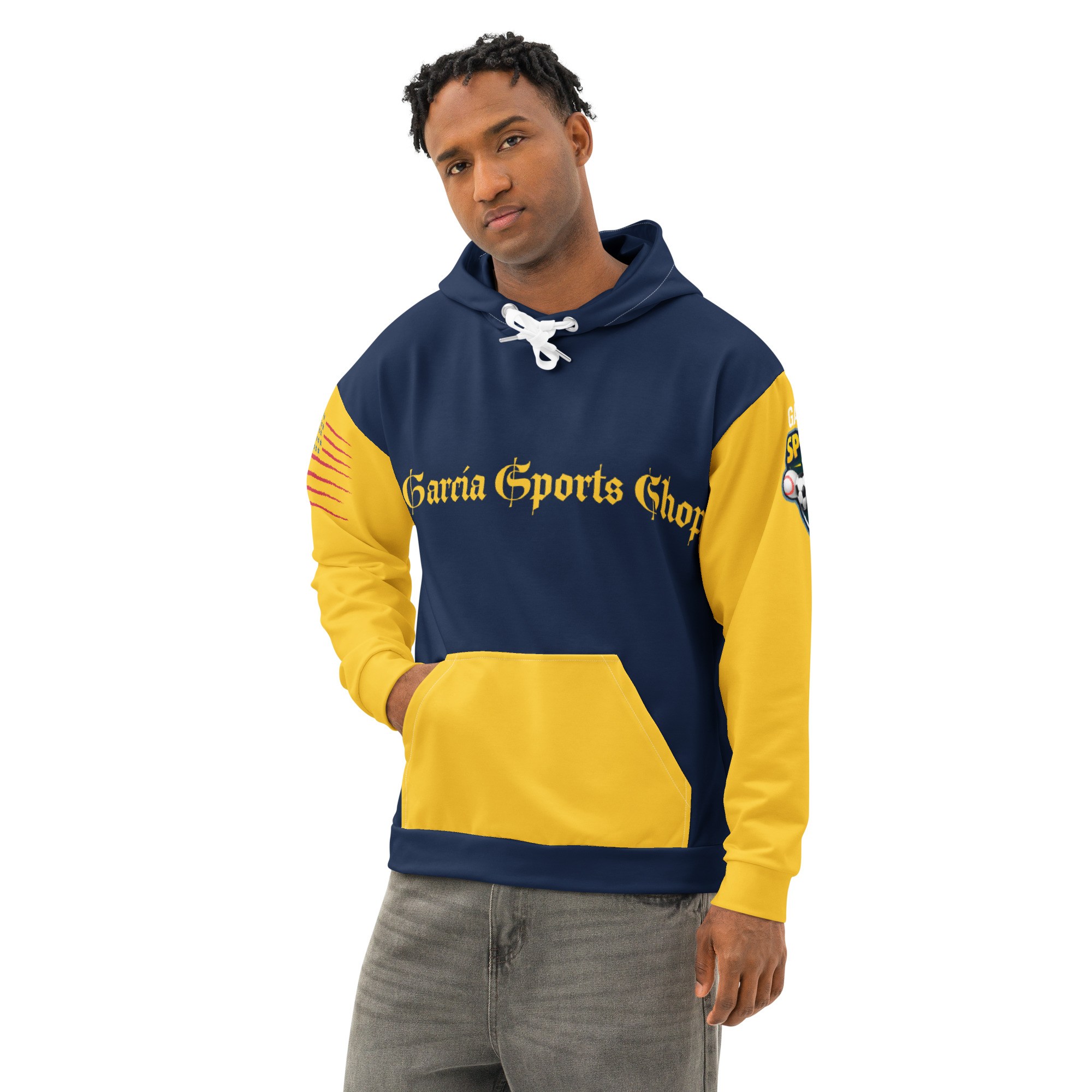 Garcia Sports Shop Navy & Yellow Unisex Cotton Hoodie - Image 4
