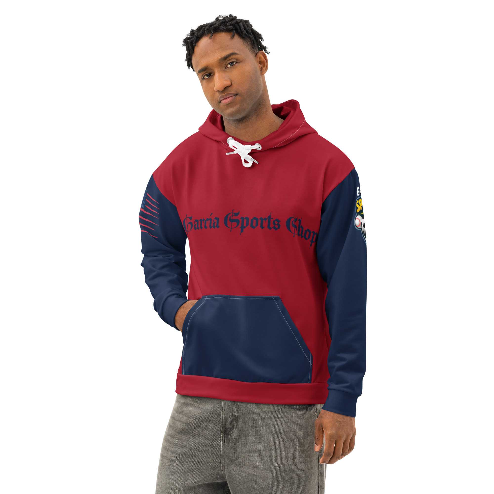 Garcia Sports Shop Dark Red & Navy Unisex Cotton Hoodie - Image 4