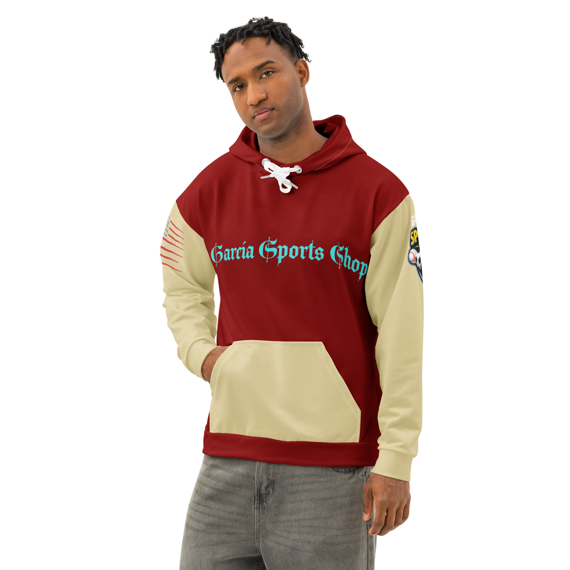 Garcia Sports Shop Dark Red, Sand, & Teal Unisex Cotton Hoodie - Image 4
