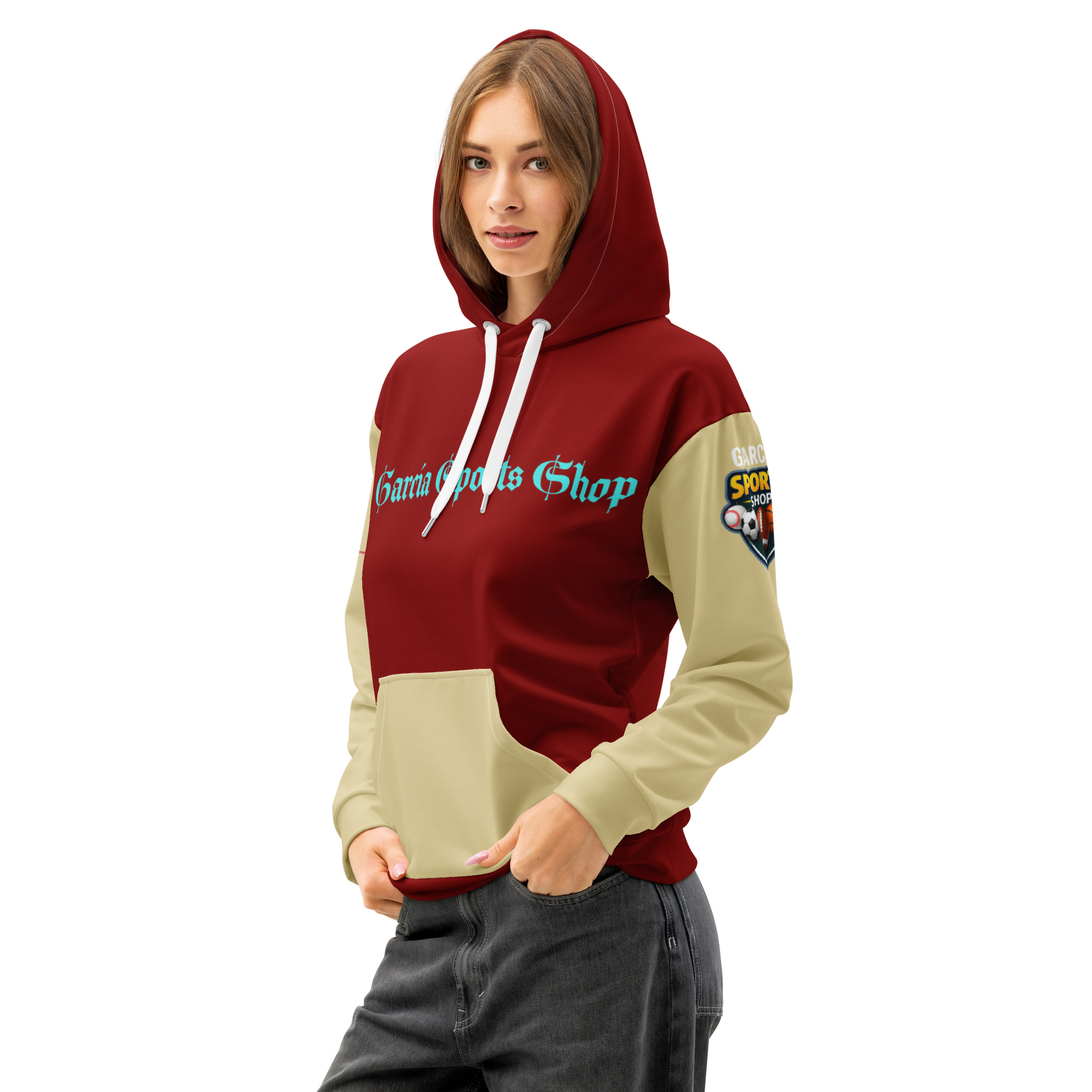 Garcia Sports Shop Dark Red, Sand, & Teal Unisex Cotton Hoodie - Image 7