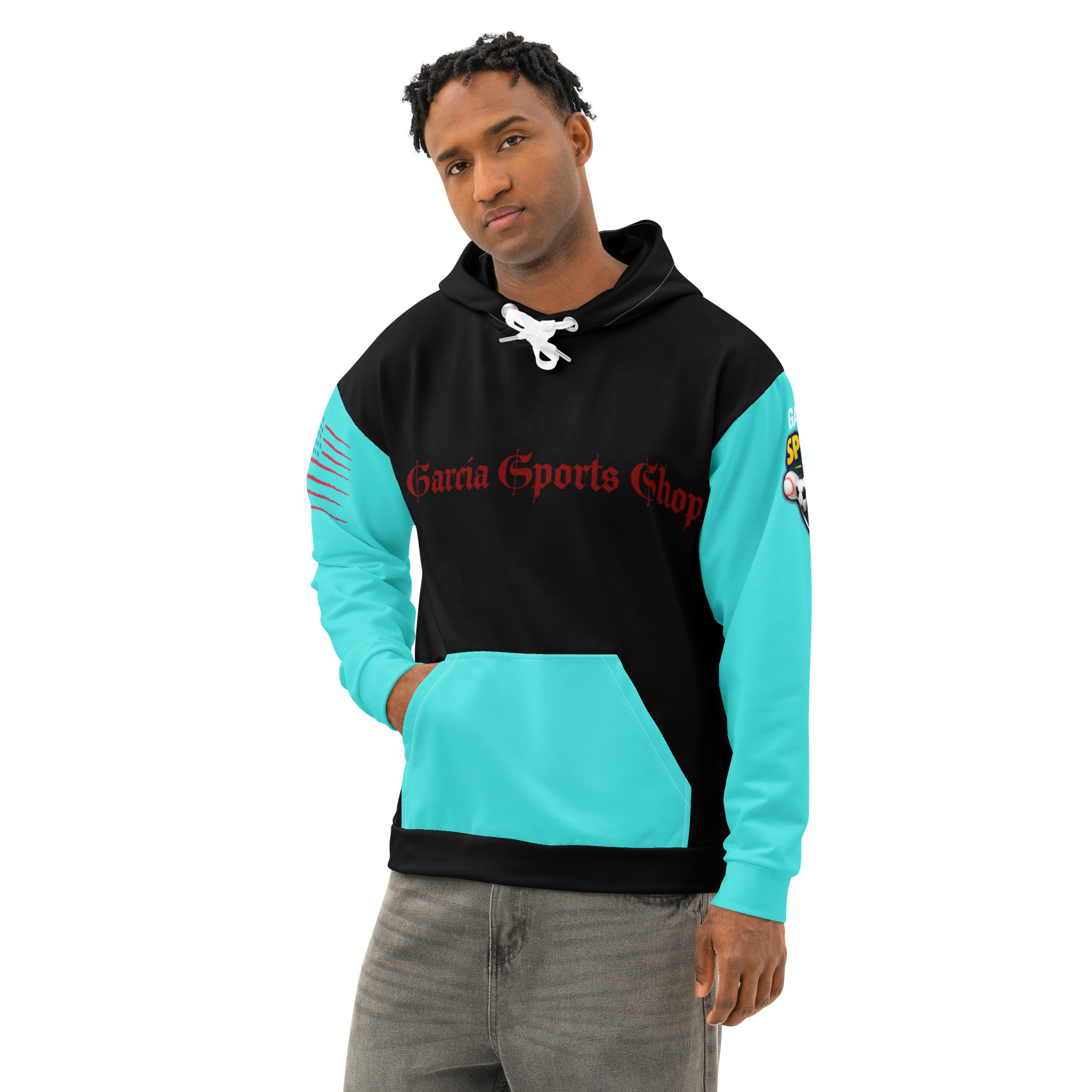 Garcia Sports Shop Black, Teal, & Red Unisex Cotton Hoodie - Image 4