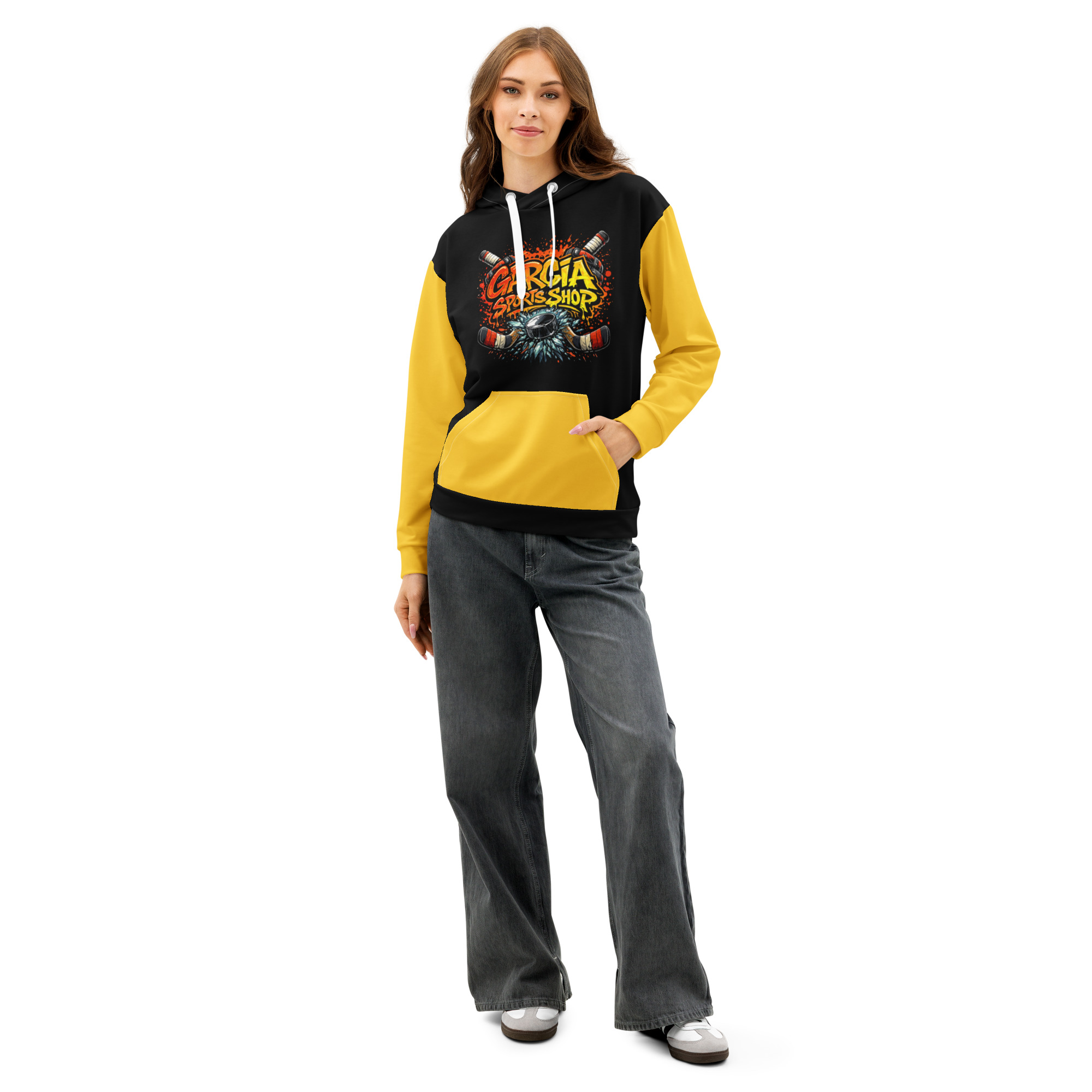 Garcia Sports Shop Black & Yellow Hockey Unisex Cotton Hoodie - Image 5