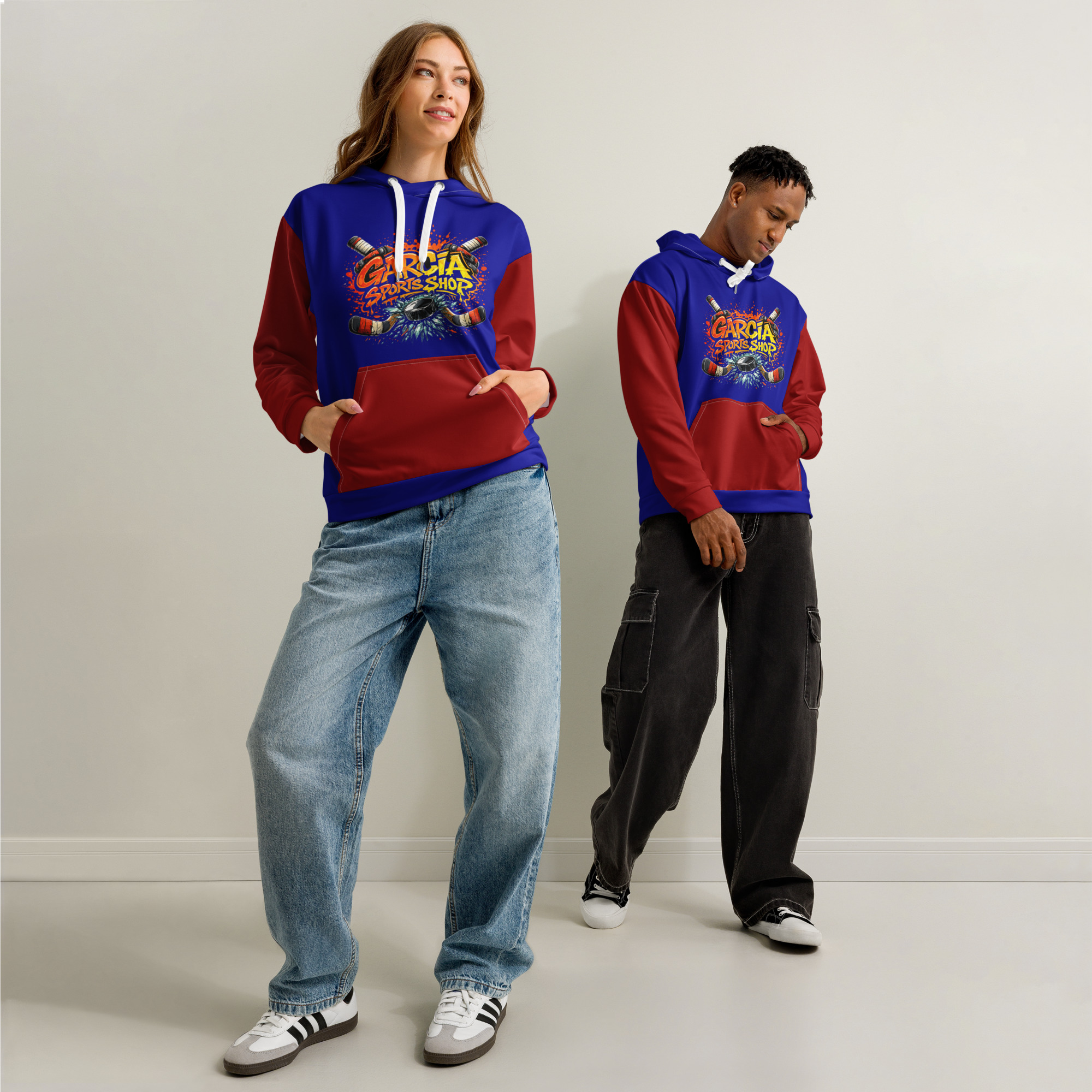 Garcia Sports Shop Dark Blue & Dark Red Hockey Unisex Cotton Hoodie