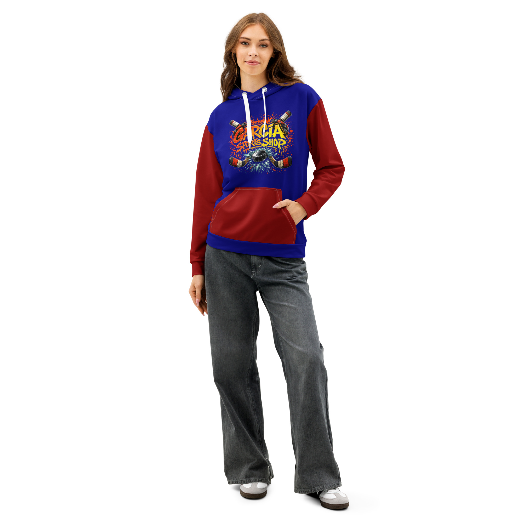 Garcia Sports Shop Dark Blue & Dark Red Hockey Unisex Cotton Hoodie - Image 3