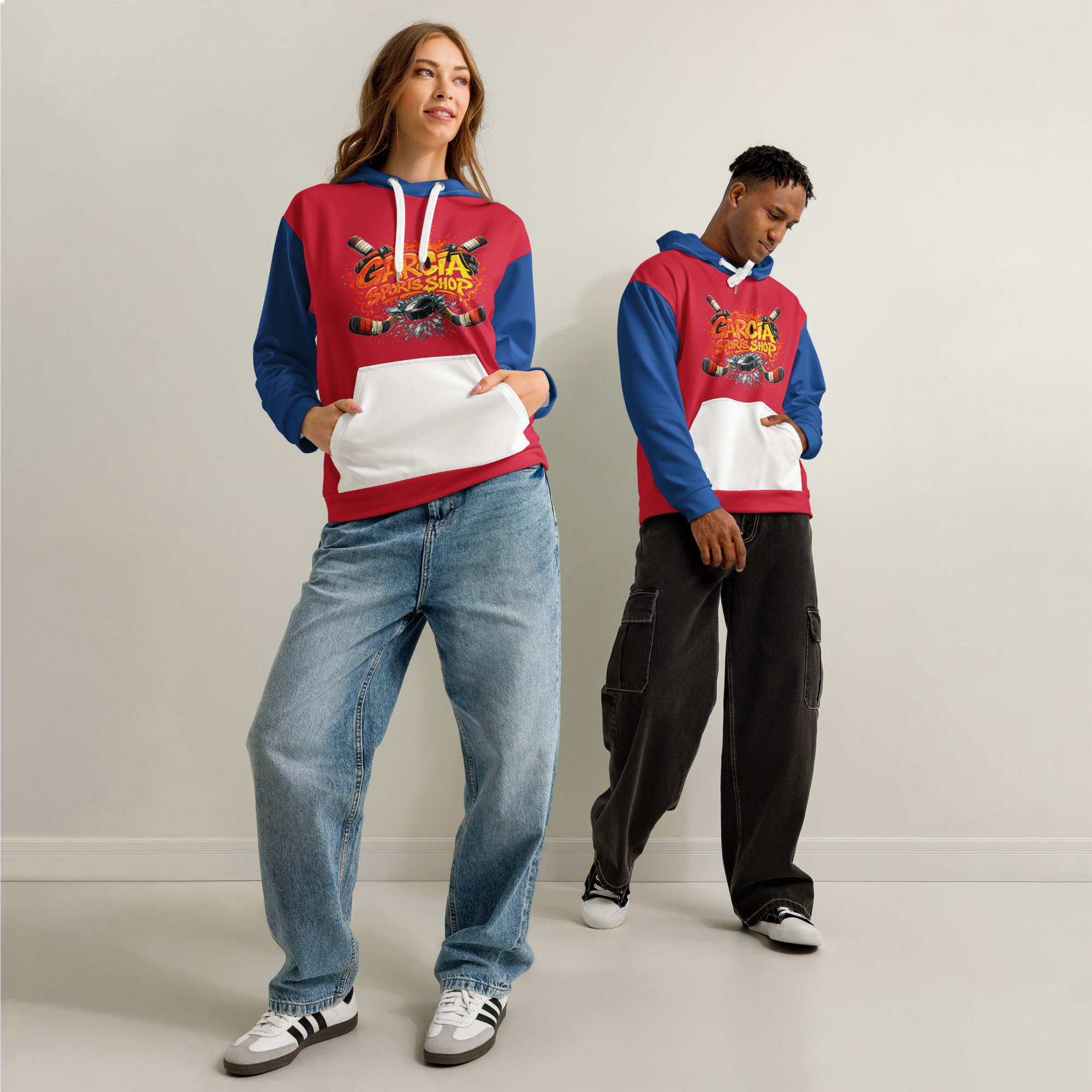 Garcia Sports Shop Blue, Red, & White Hockey Unisex Cotton Hoodie