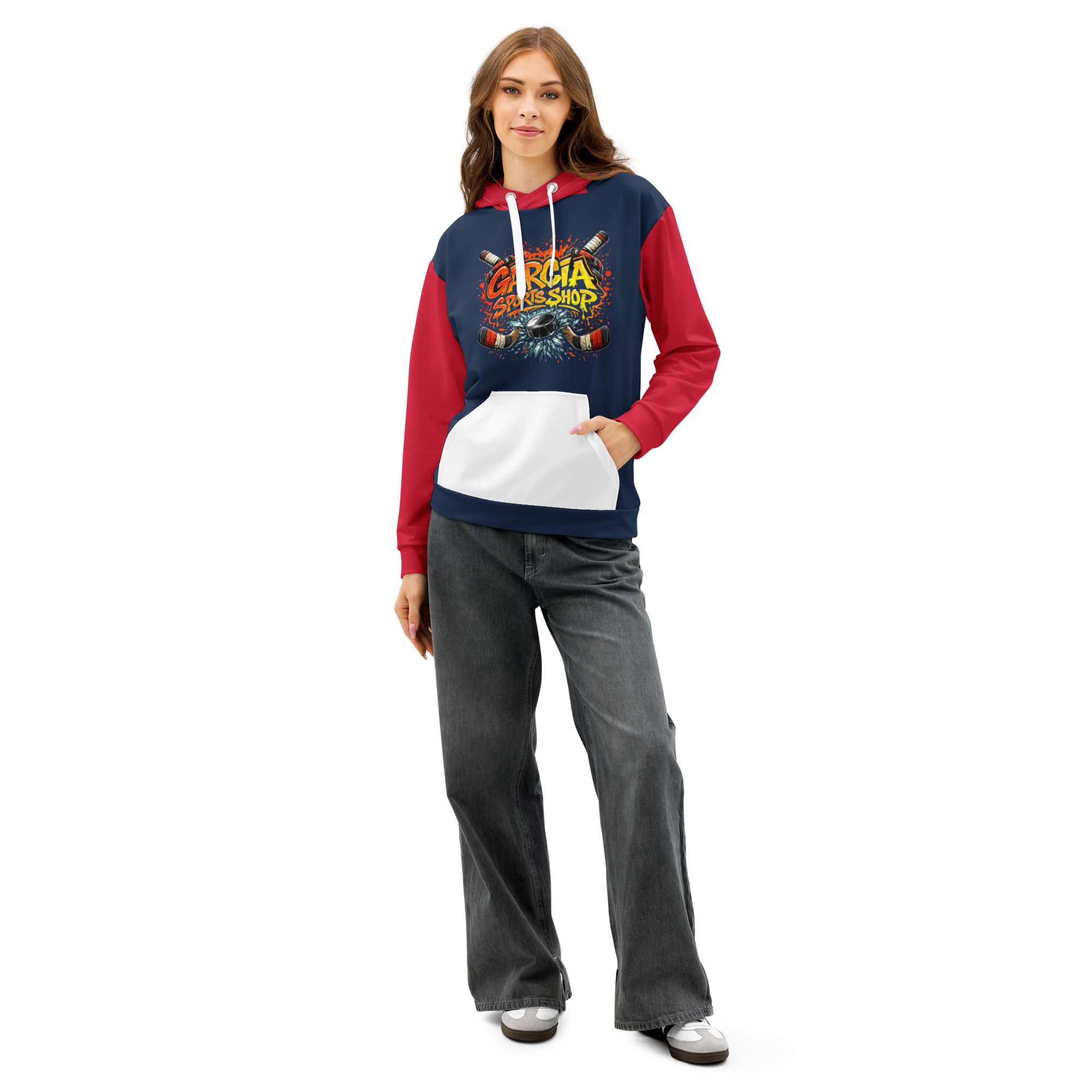 Garcia Sports Shop Navy, Red, & White Hockey Unisex Cotton Hoodie - Image 3