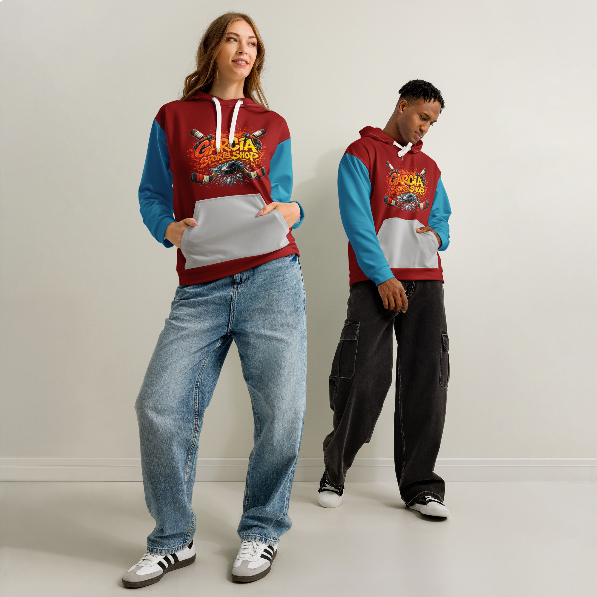 Garcia Sports Shop Burgandy, Ice Blue, & Silver Unisex Cotton Hoodie