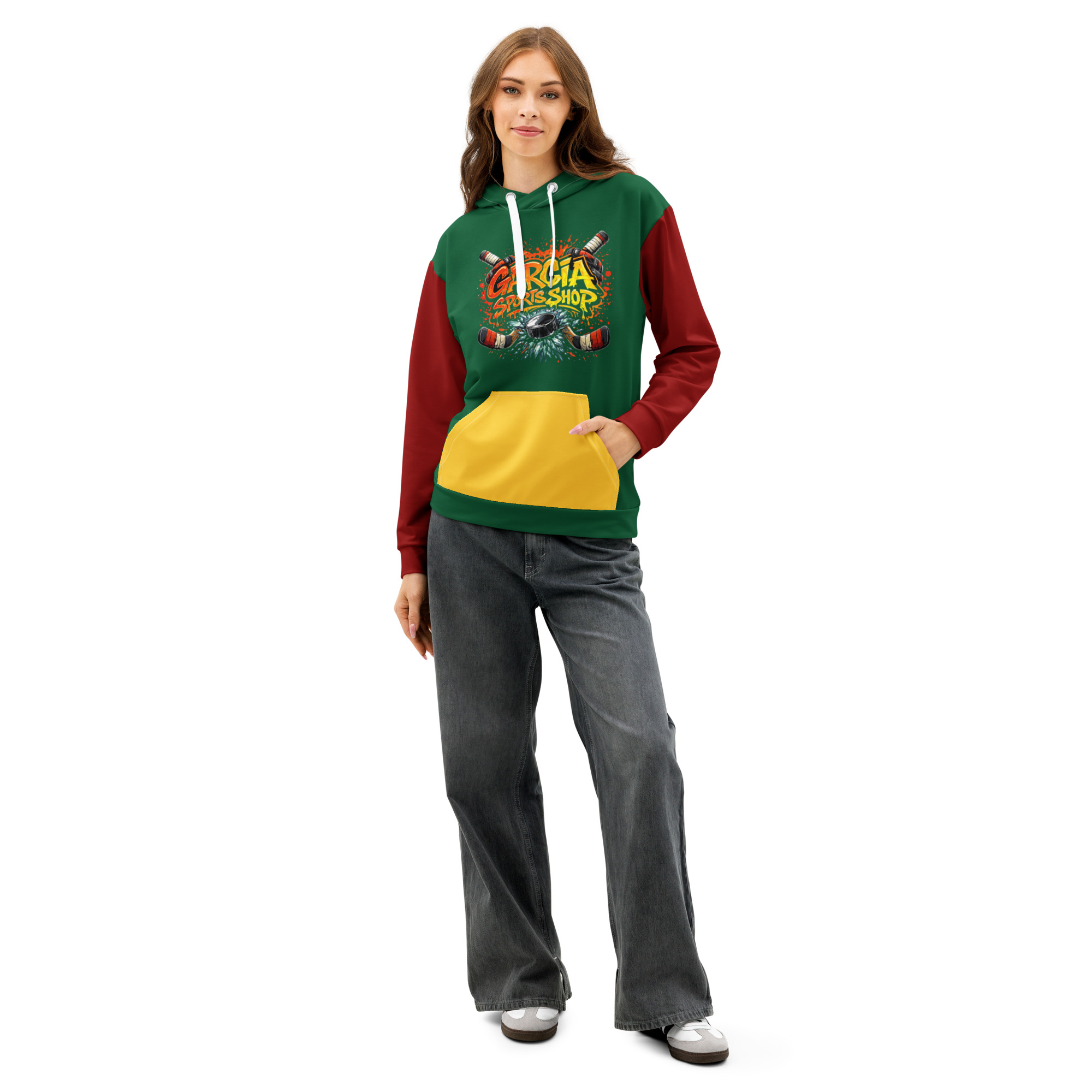Garcia Sports Shop Forest Green, Dark Red, & Yellow Hockey Unisex Cotton Hoodie - Image 3
