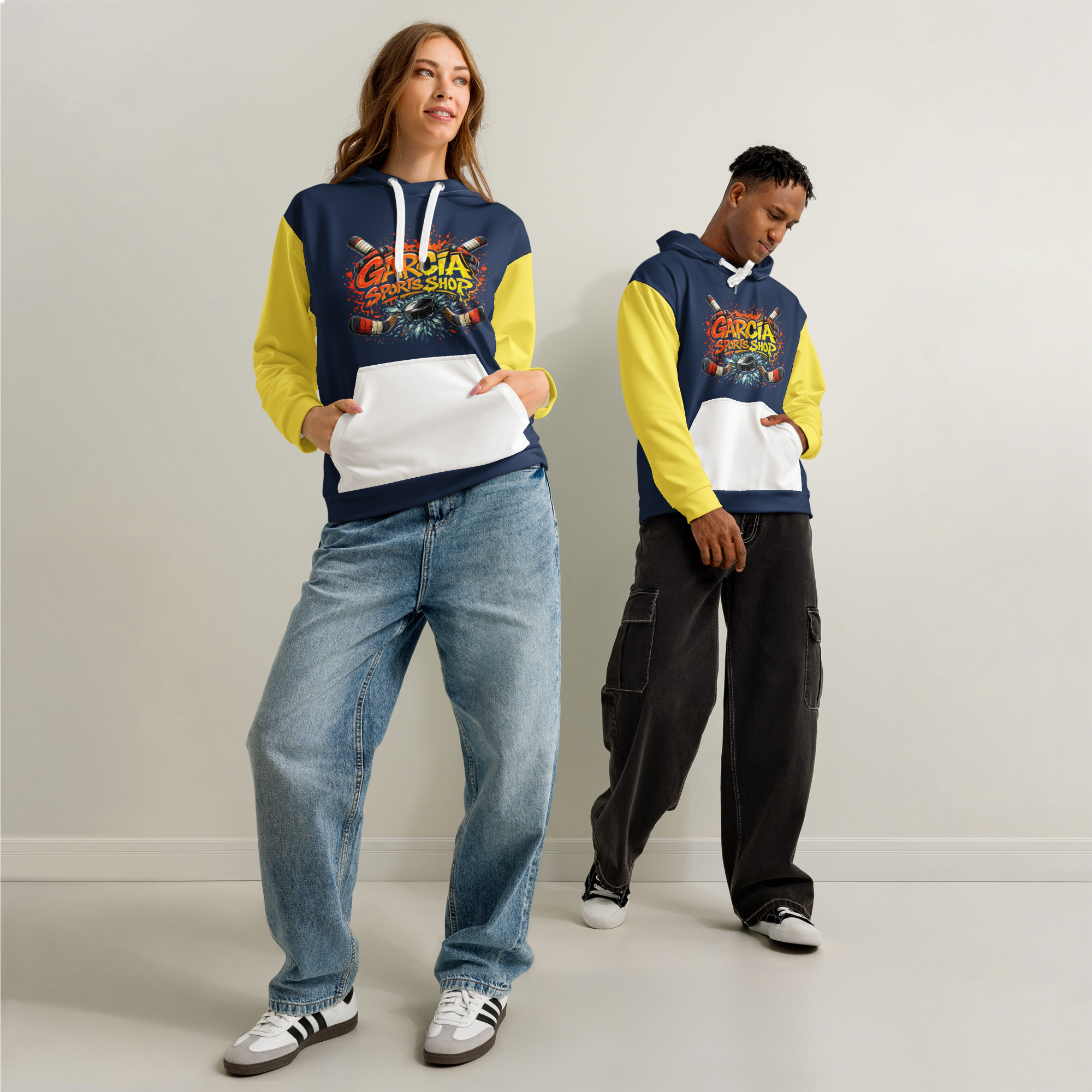 Garcia Sports Shop Navy, Gold, & White Hockey Unisex Cotton Hoodie