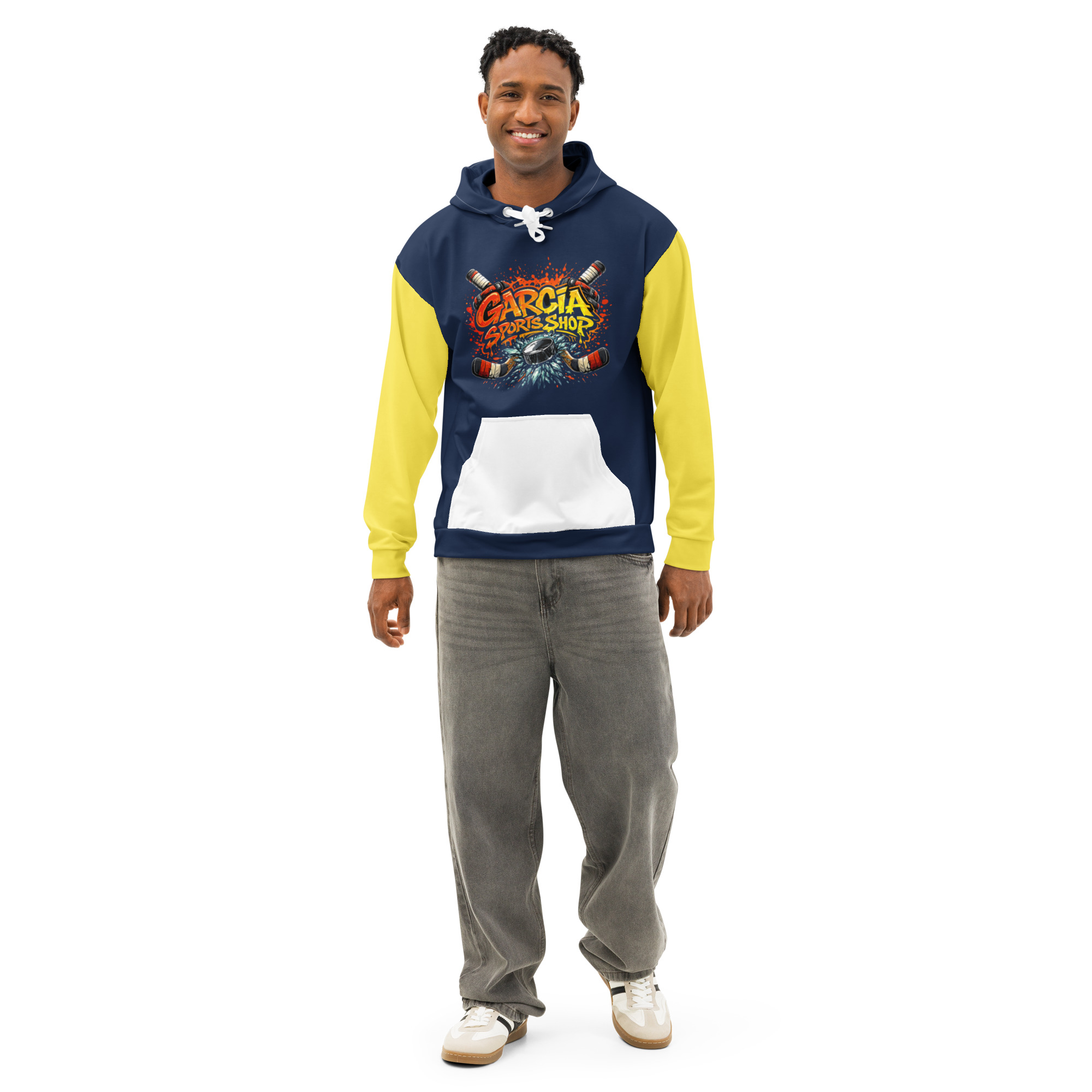 Garcia Sports Shop Navy, Gold, & White Hockey Unisex Cotton Hoodie - Image 6