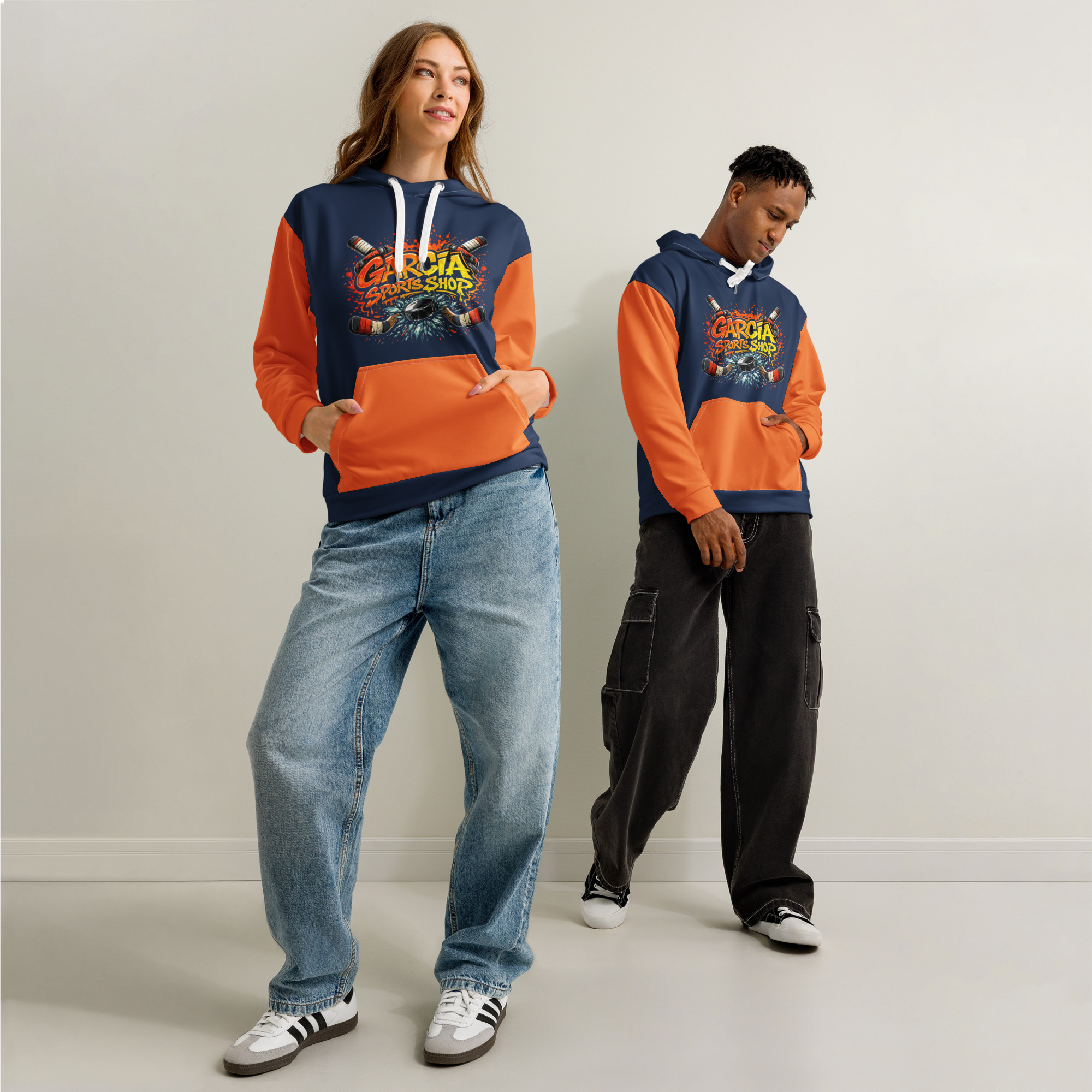 Garcia Sports Shop Navy & Orange Hockey Unisex Cotton Hoodie