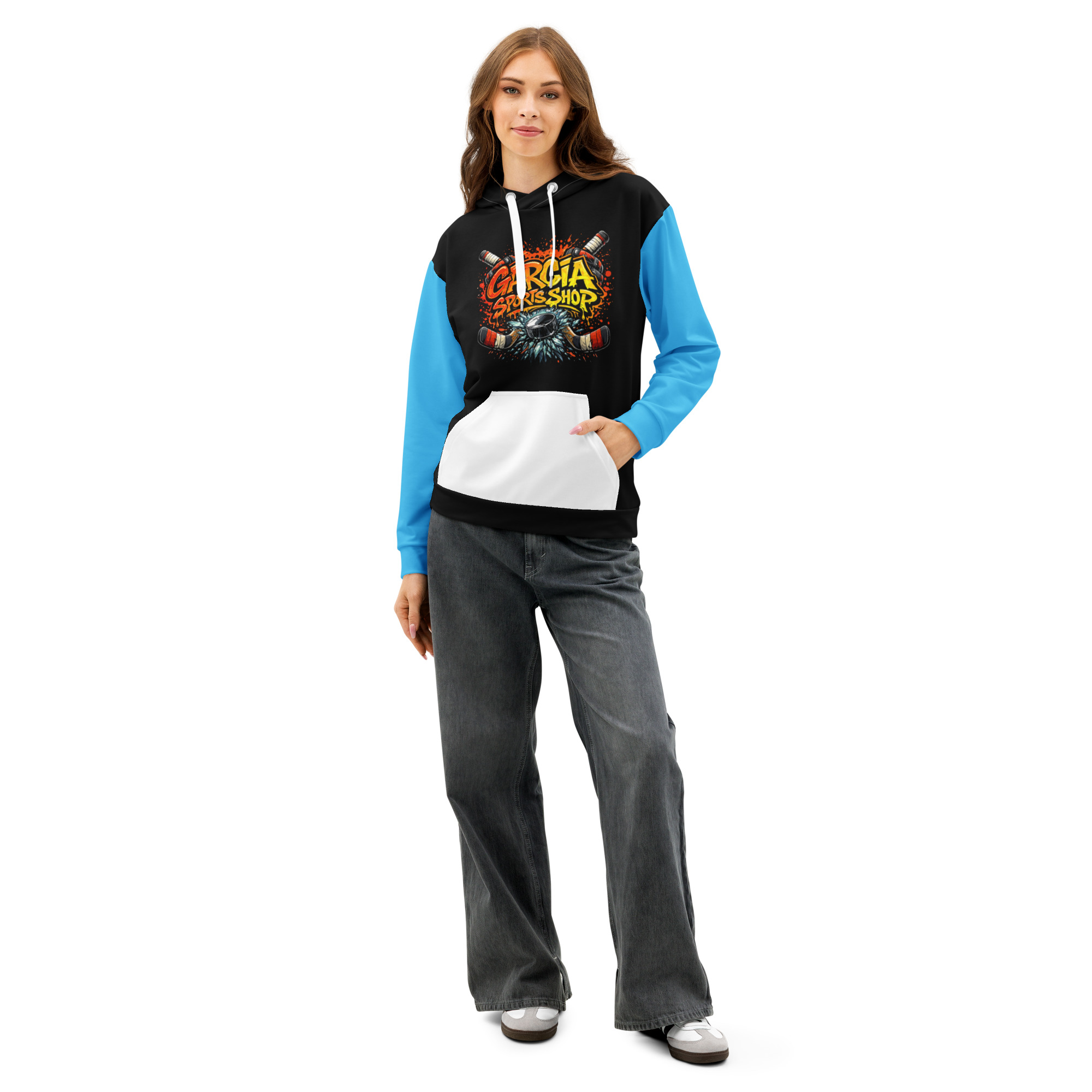 Garcia Sports Shop Black, Light Blue, & White Hockey Unisex Cotton Hoodie - Image 3