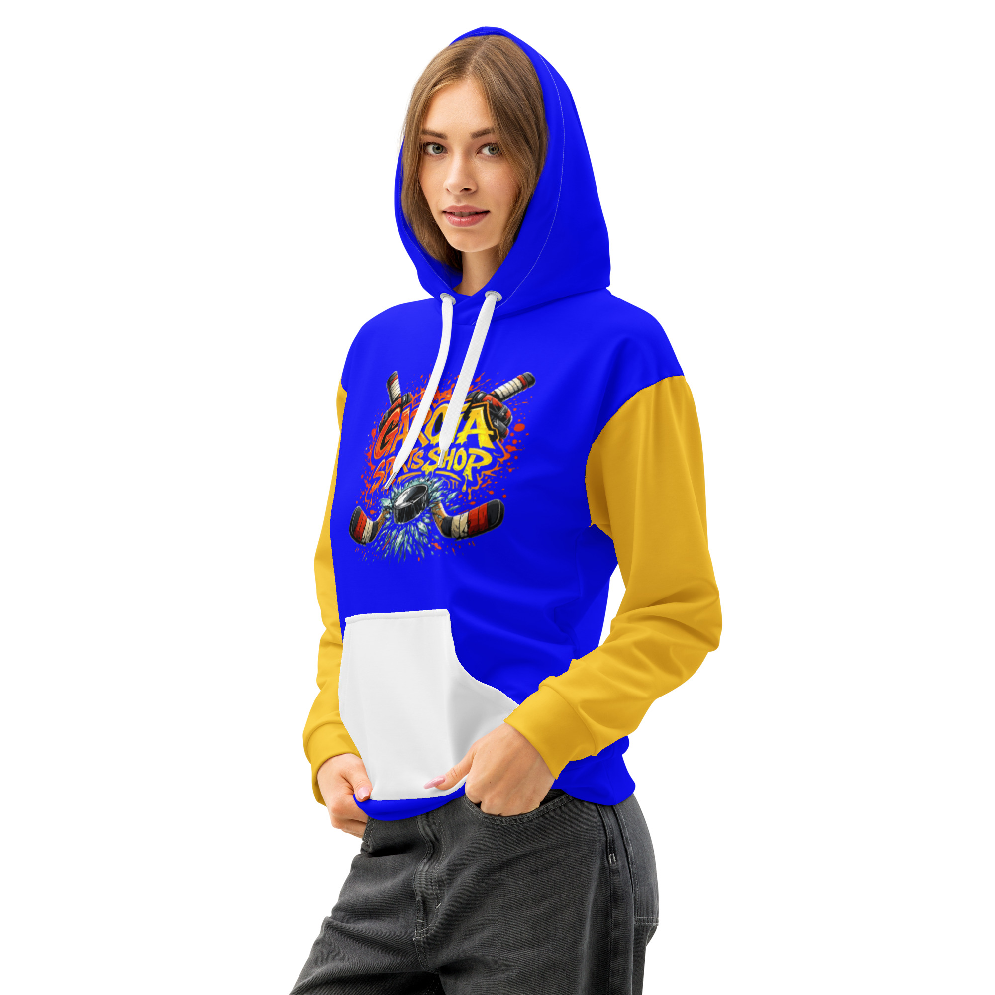 Garcia Sports Shop Blue, Yellow & White Hockey Unisex Cotton Hoodie - Image 4