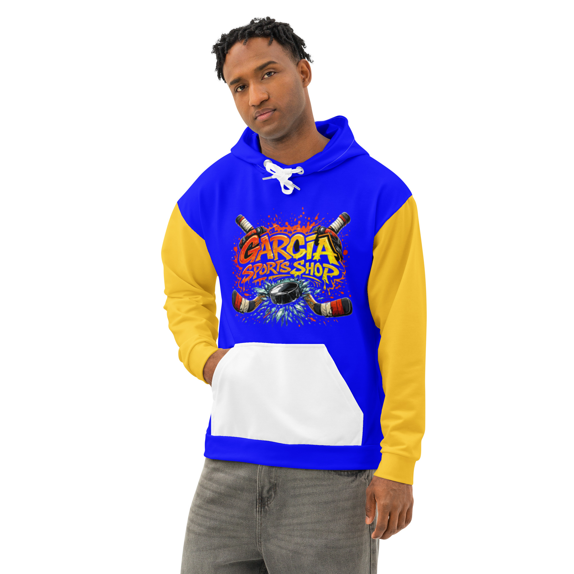 Garcia Sports Shop Blue, Yellow & White Hockey Unisex Cotton Hoodie - Image 5