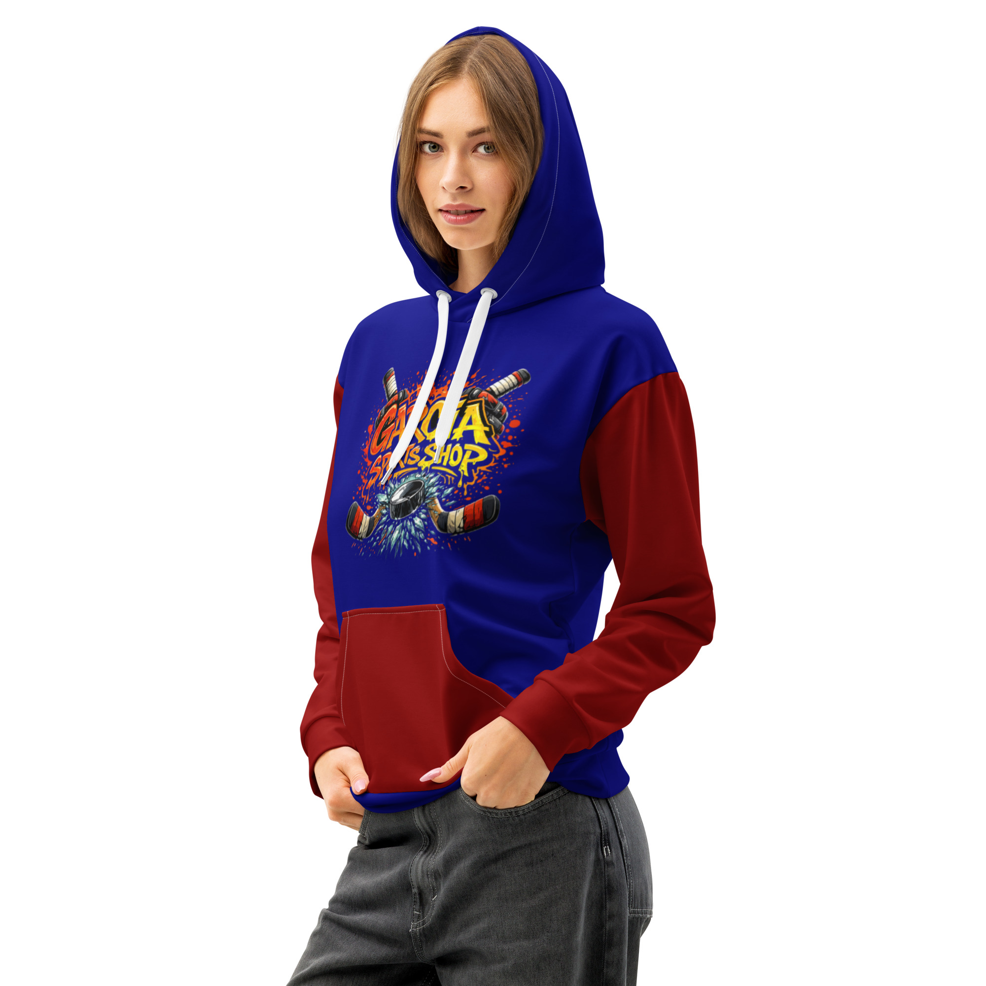 Garcia Sports Shop Dark Blue & Dark Red Hockey Unisex Cotton Hoodie - Image 4