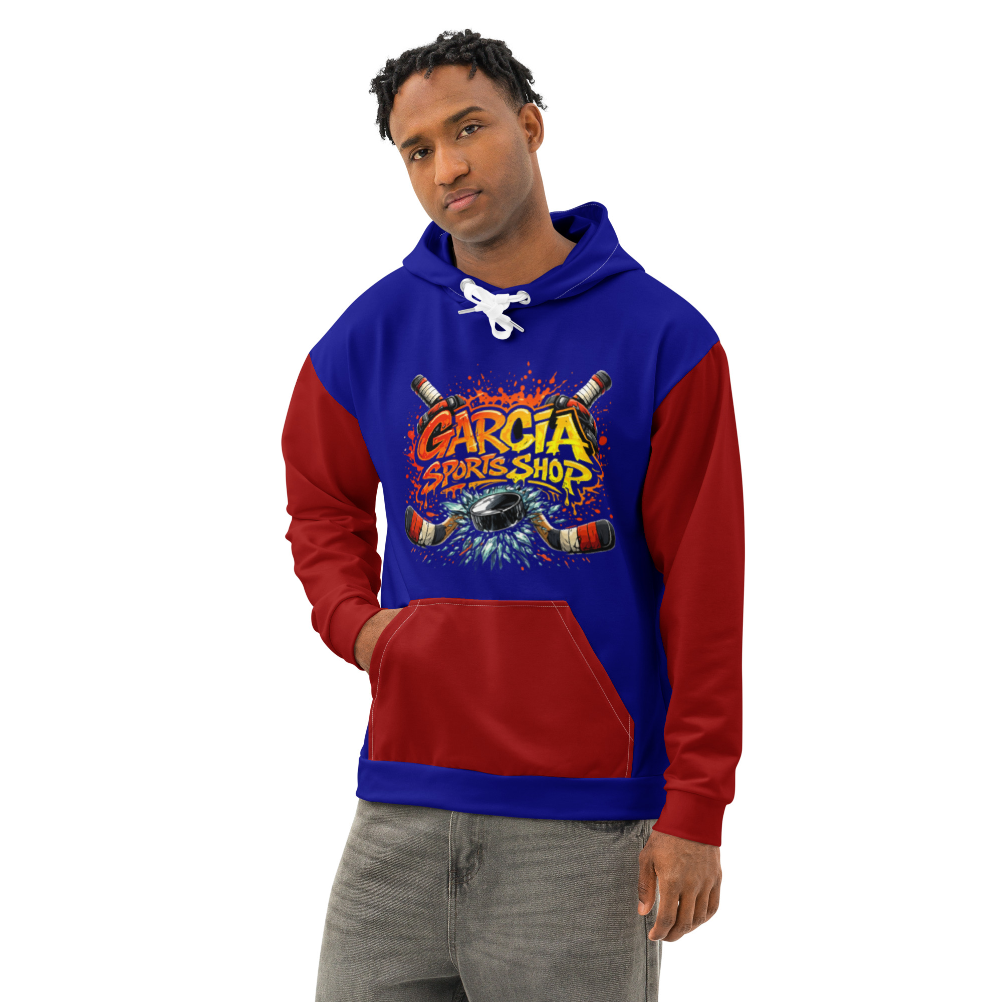 Garcia Sports Shop Dark Blue & Dark Red Hockey Unisex Cotton Hoodie - Image 5