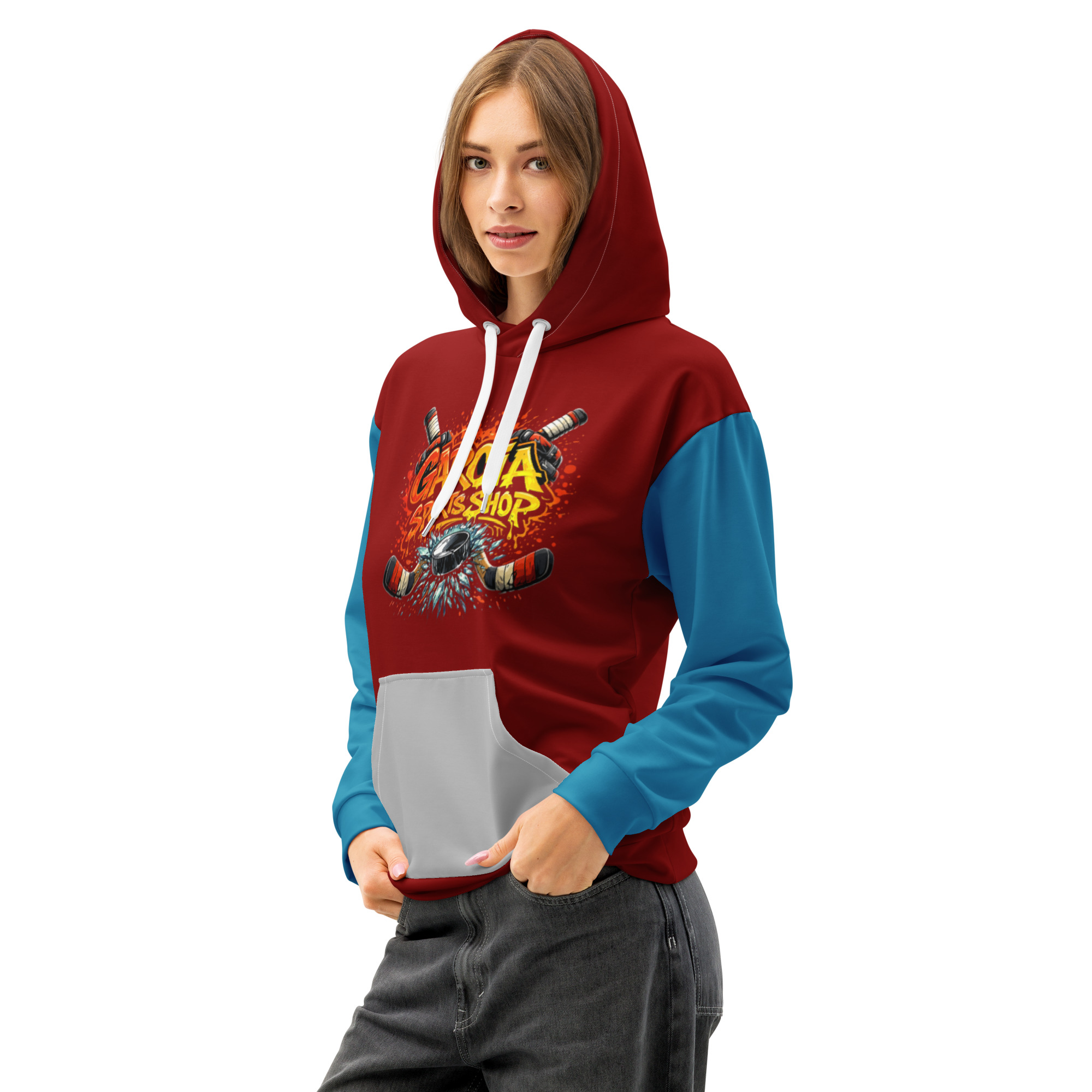 Garcia Sports Shop Burgandy, Ice Blue, & Silver Unisex Cotton Hoodie - Image 4