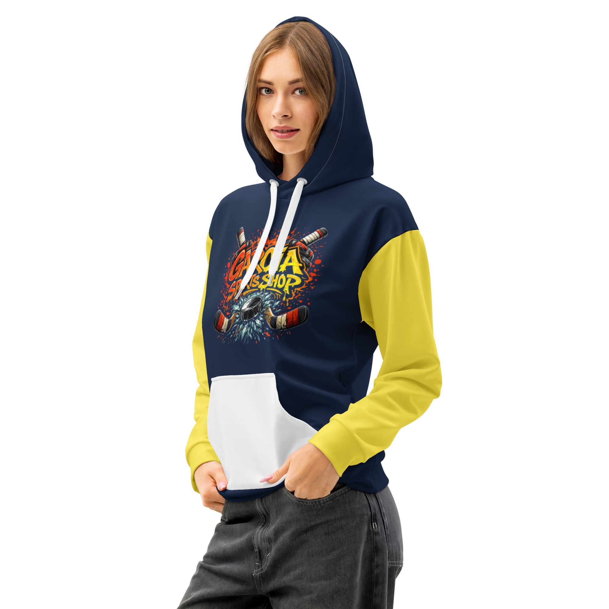 Garcia Sports Shop Navy, Gold, & White Hockey Unisex Cotton Hoodie - Image 4