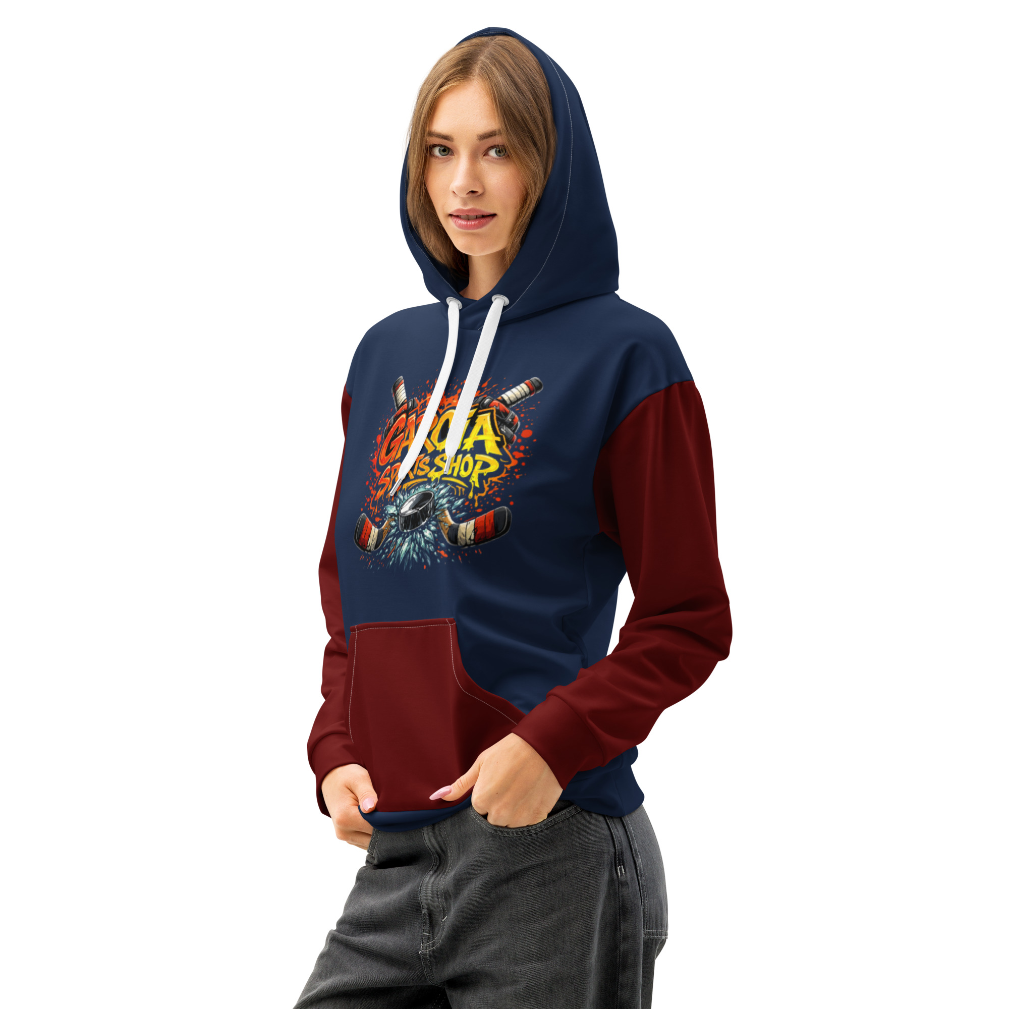 Garcia Sports Shop Navy & Maroon Hockey Unisex Cotton Hoodie - Image 4