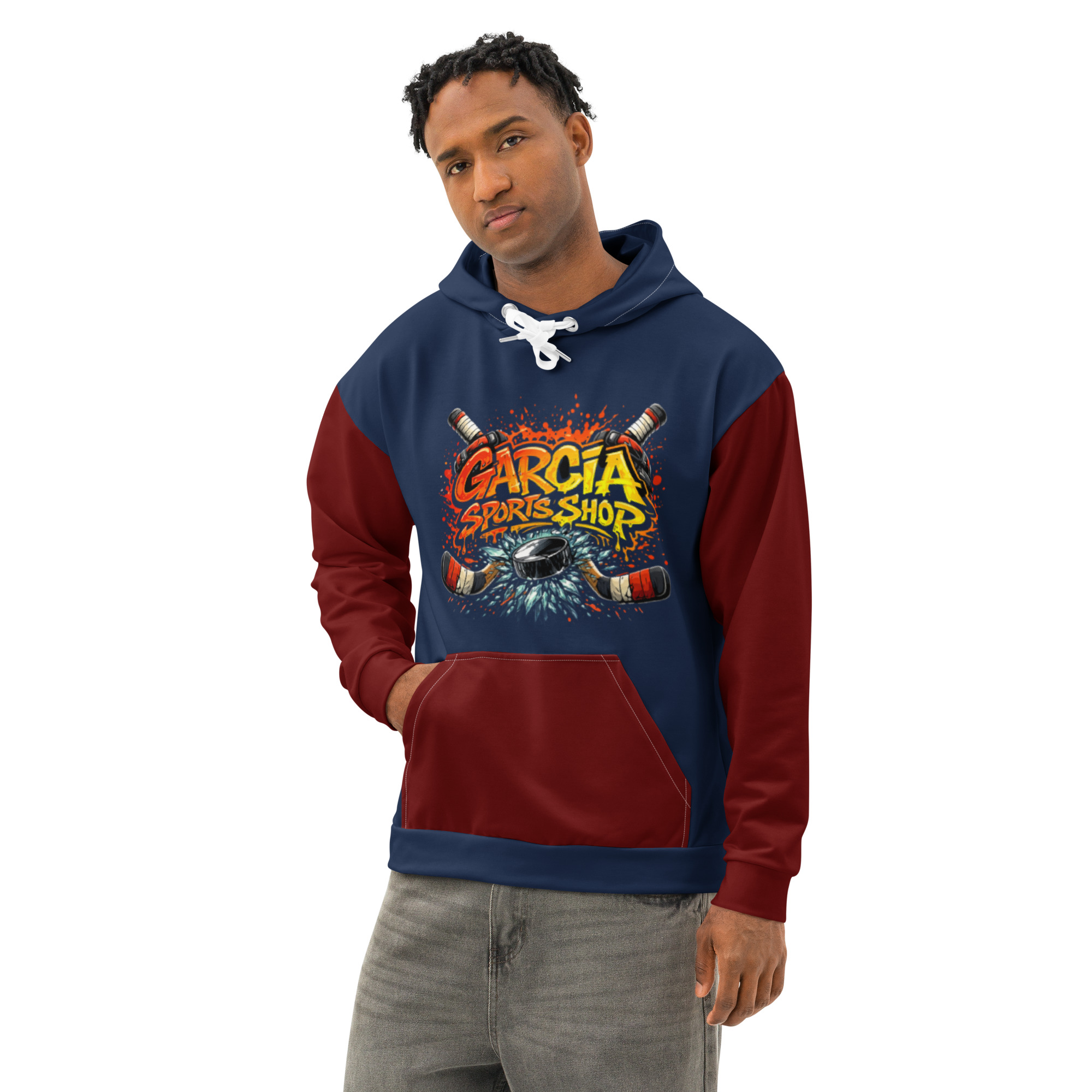 Garcia Sports Shop Navy & Maroon Hockey Unisex Cotton Hoodie - Image 5