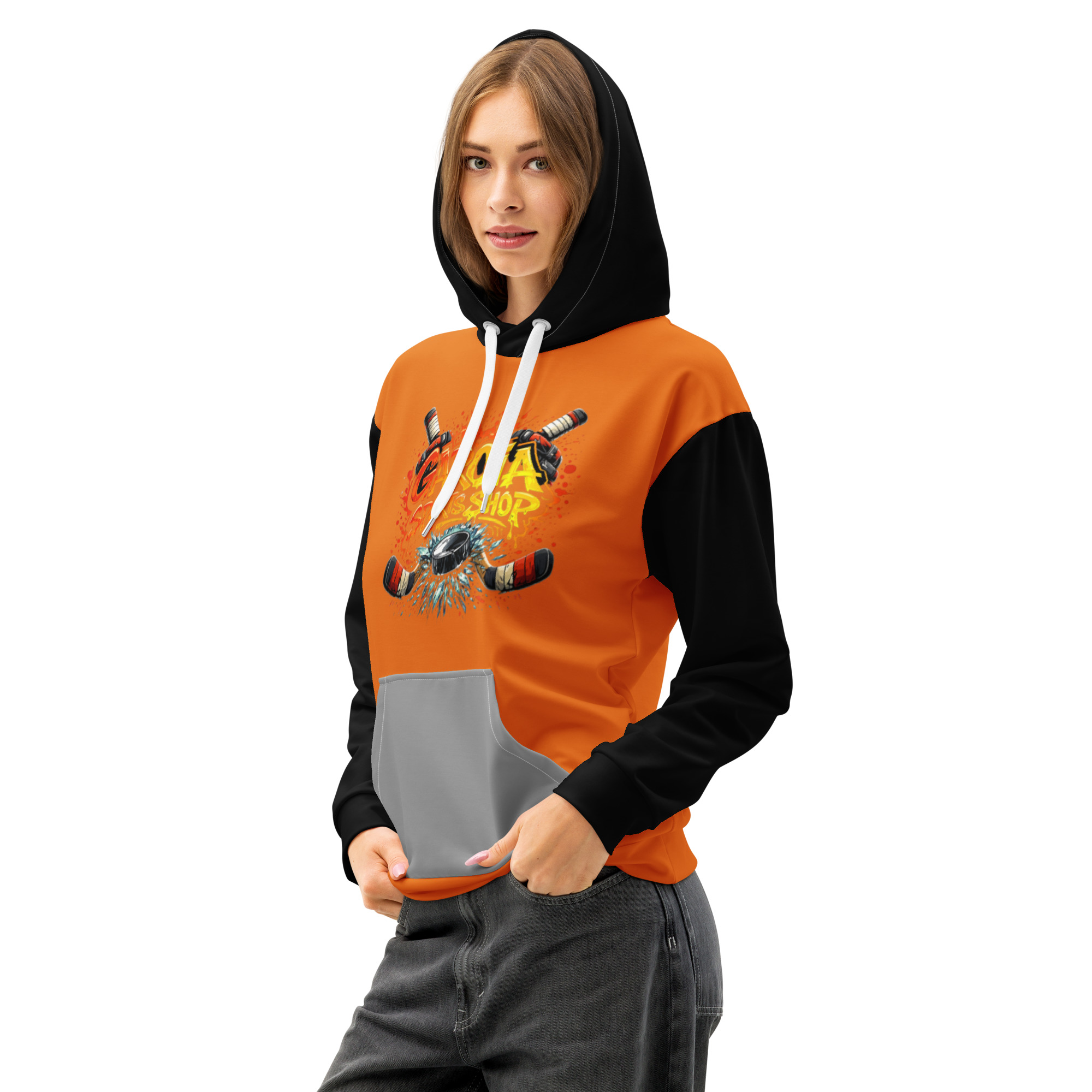 Garcia Sports Shop Orange, Black, & Silver Hockey Unisex Cotton Hoodie - Image 4
