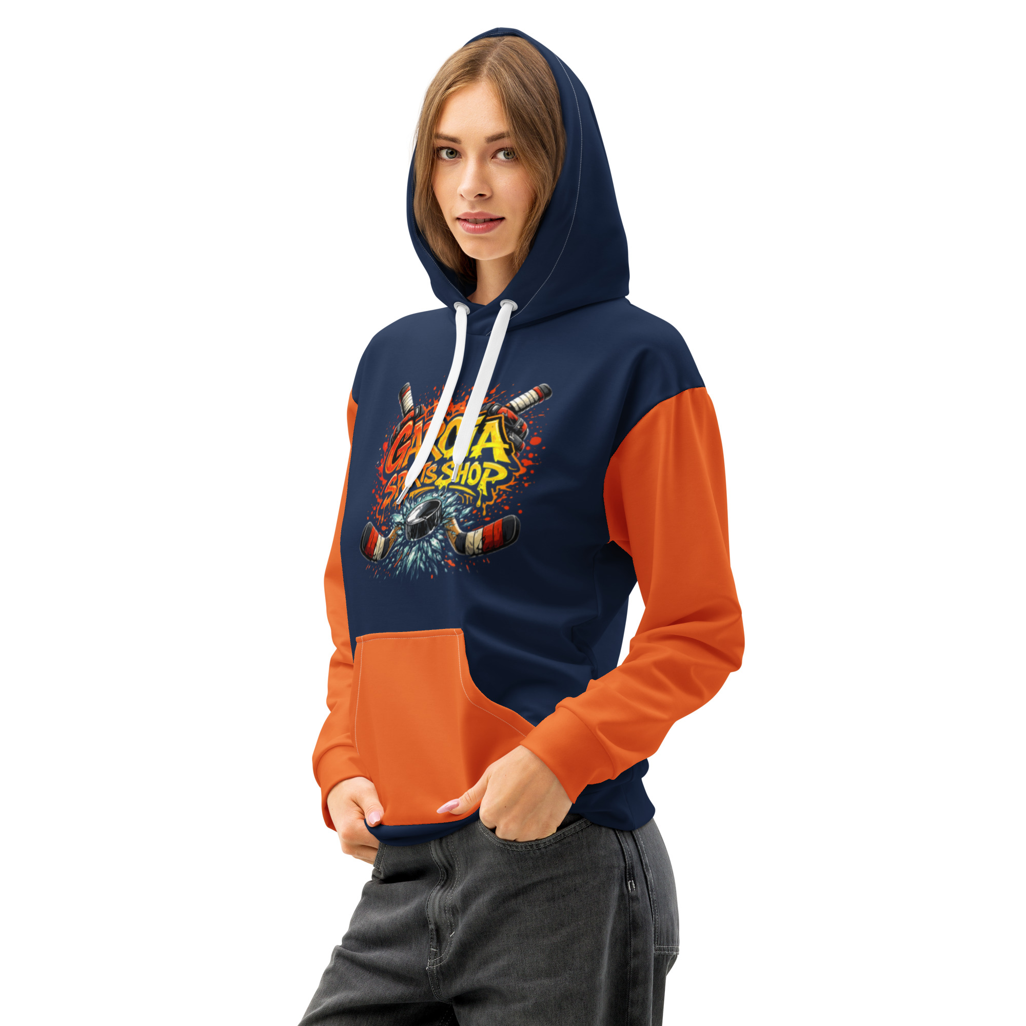 Garcia Sports Shop Navy & Orange Hockey Unisex Cotton Hoodie - Image 4
