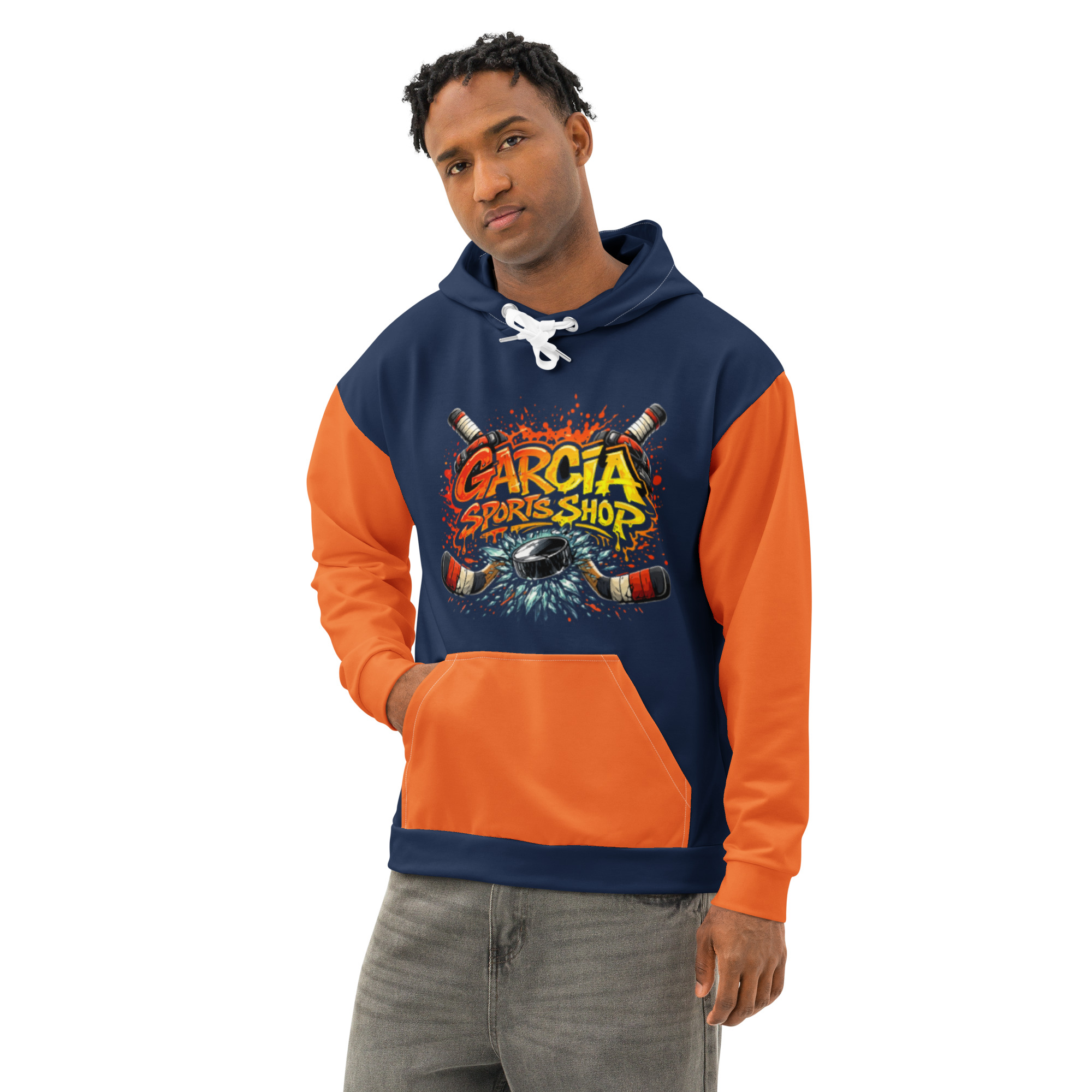 Garcia Sports Shop Navy & Orange Hockey Unisex Cotton Hoodie - Image 5